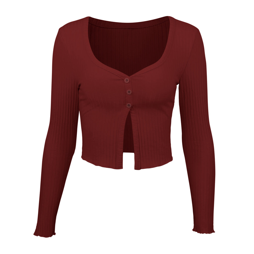 Long Sleeve Ribbed Crop Cardigan Top – Women's Sexy Button Knit Shirt