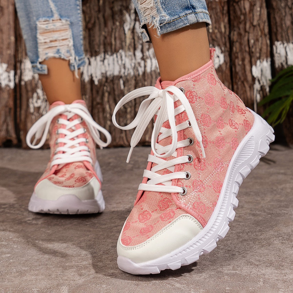 Women’s Rose-Print Lace-Up Boots | Casual Canvas Short Boot with Breathable Design