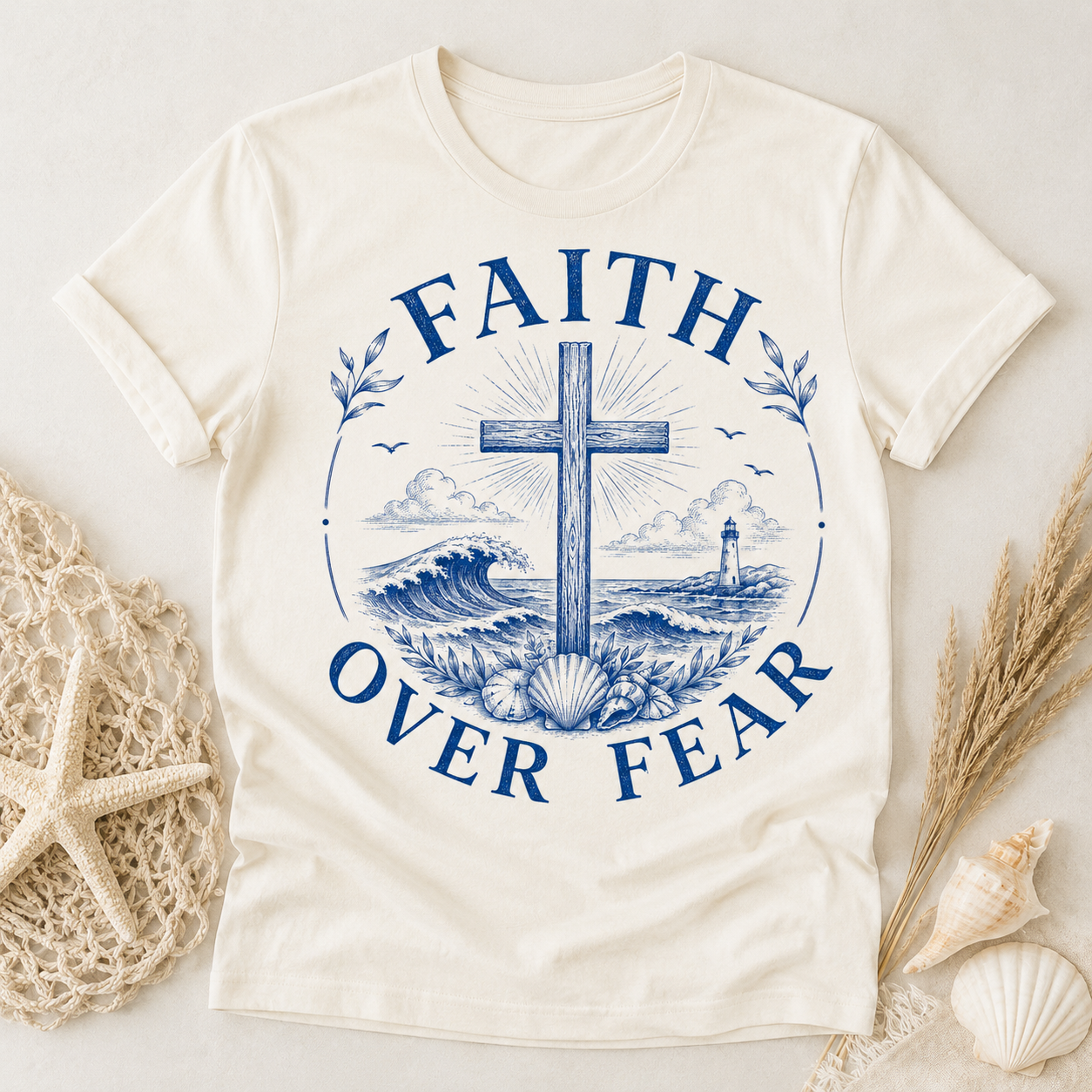 Faith Over Fear PNG | Christian Coastal Shirt Design Blue Nautical Cross