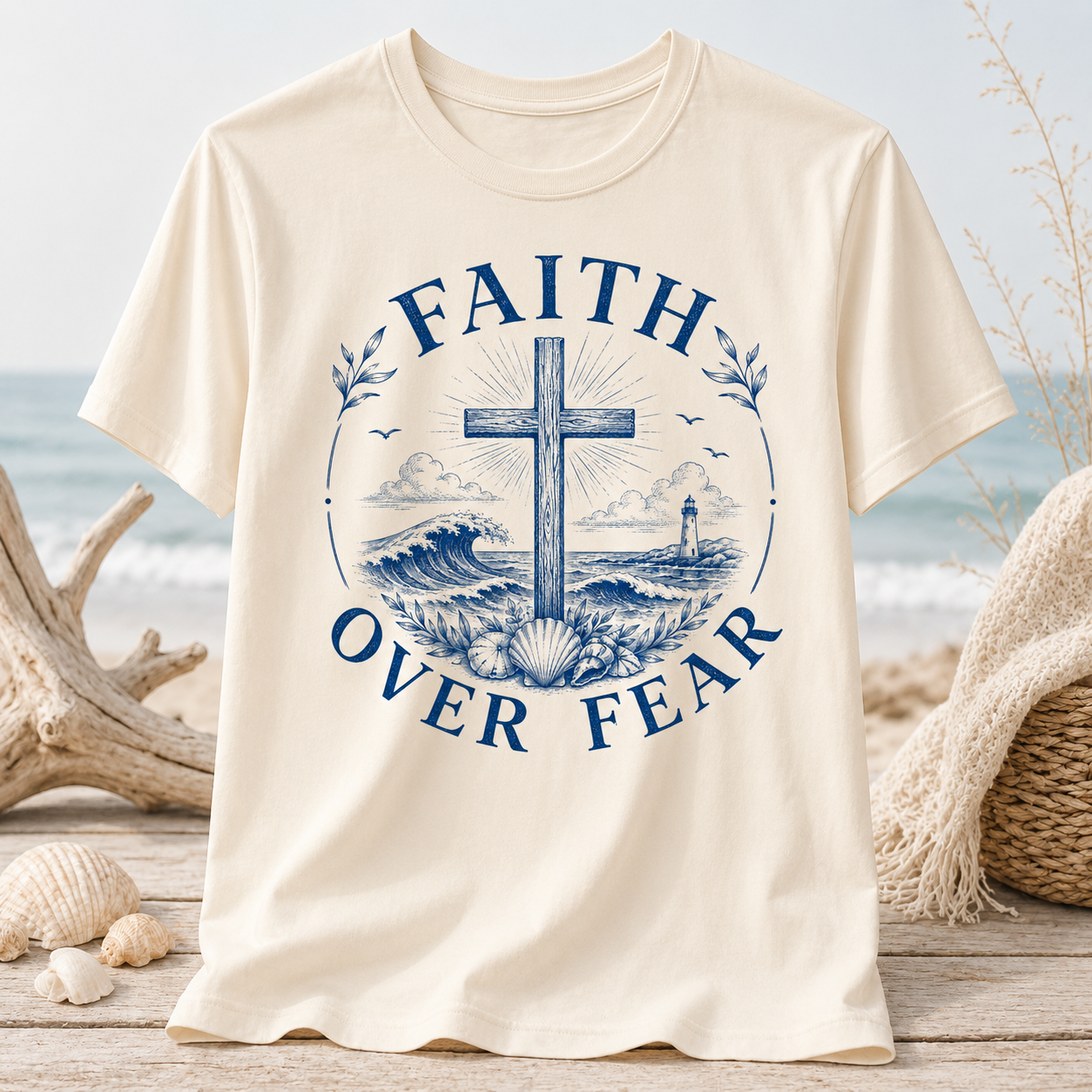 Faith Over Fear PNG | Christian Coastal Shirt Design Blue Nautical Cross Main image