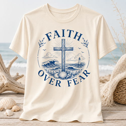 Faith Over Fear PNG | Christian Coastal Shirt Design Blue Nautical Cross