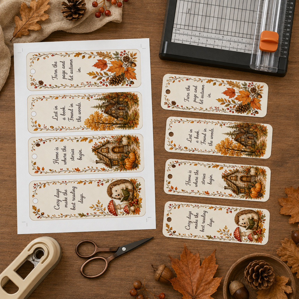 12 Printable Autumn Woodland Bookmarks, Fall Book Lover PDF Set