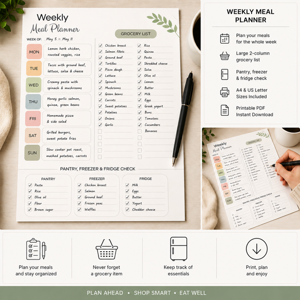 Weekly Meal Planner Printable with Large Grocery List – A4 & US Letter PDF