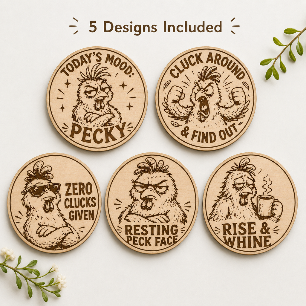 Funny Chicken Coaster SVG Bundle – 5 Laser Engraving Designs with 90mm Cut File