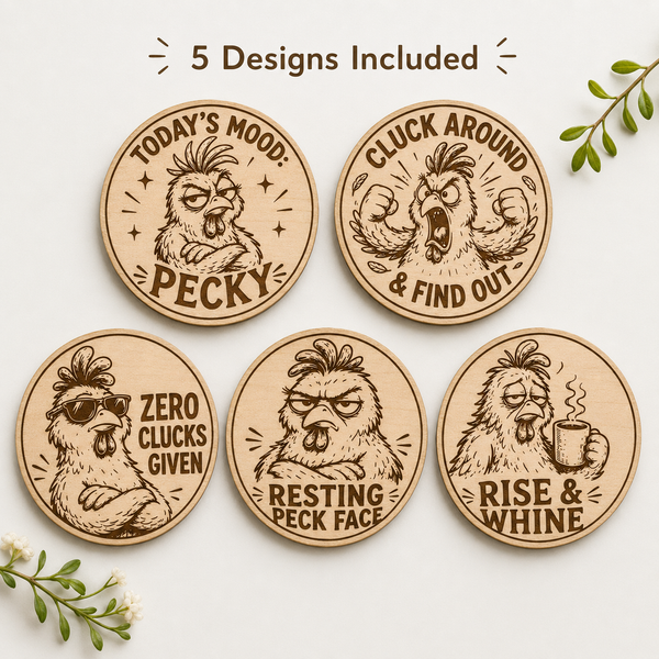 Funny Chicken Coaster SVG Bundle – 5 Laser Engraving Designs with 90mm Cut File