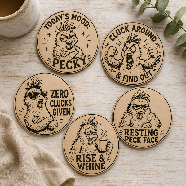Funny Chicken Coaster SVG Bundle – 5 Laser Engraving Designs with 90mm Cut File