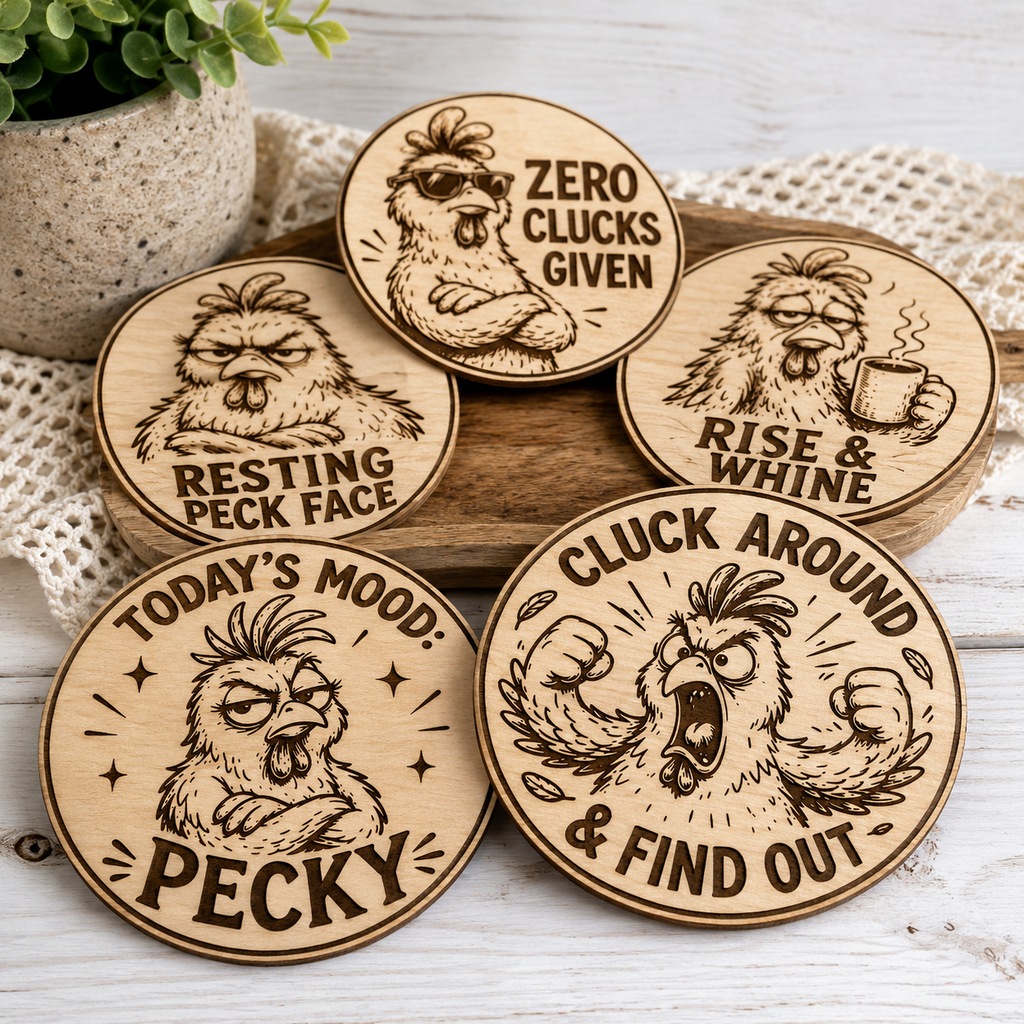 Funny Chicken Coaster SVG Bundle – 5 Laser Engraving Designs with 90mm Cut File