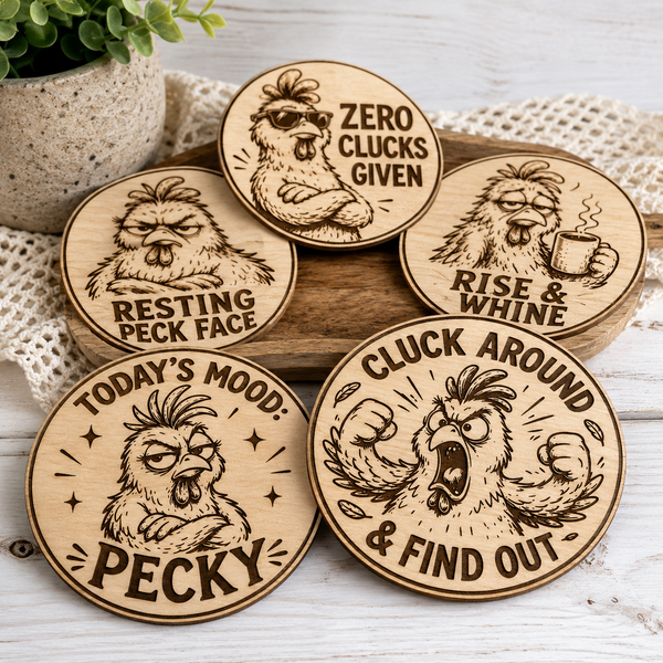 Funny Chicken Coaster SVG Bundle – 5 Laser Engraving Designs with 90mm Cut File