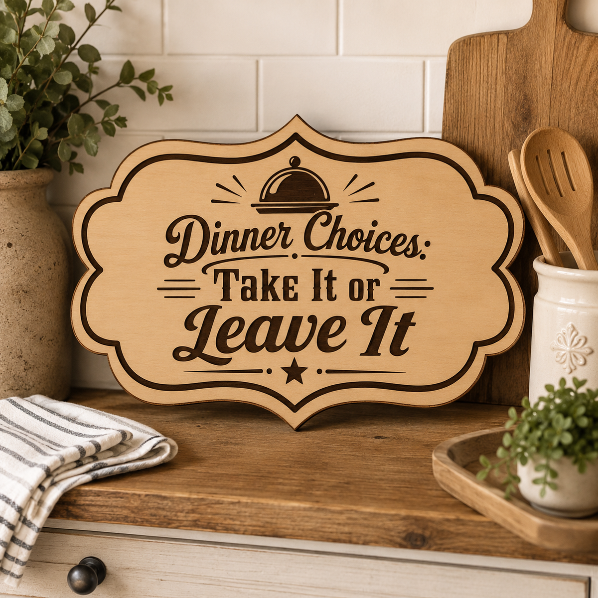 Dinner Choices Take It or Leave It Kitchen Sign SVG | Funny Laser Cut & Engraving File | Farmhouse Wood Kitchen Decor