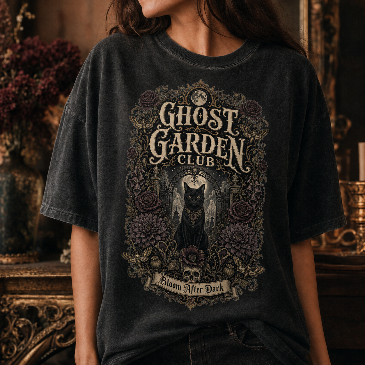 Ghost Garden Club PNG – Gothic Black Cat Halloween Shirt Design