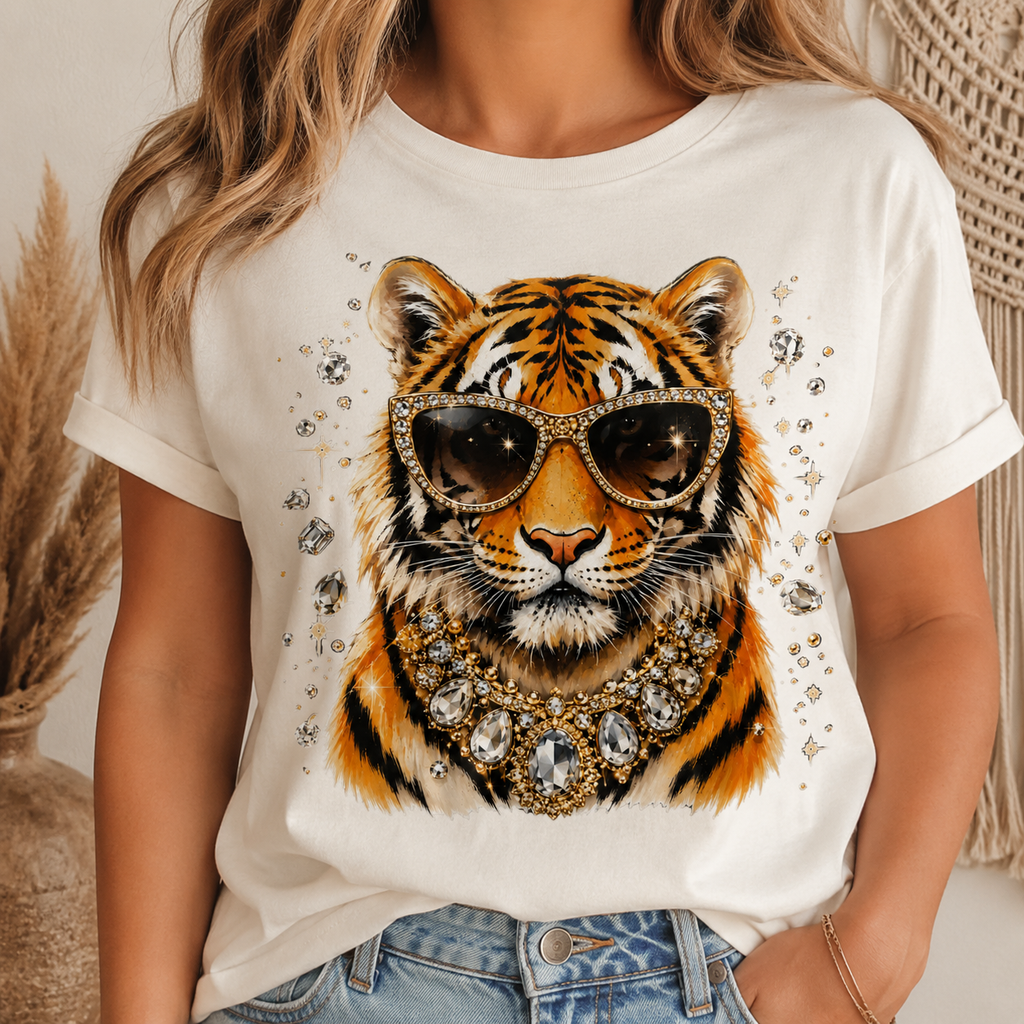Glam Tiger PNG File | Preppy Tiger Shirt Design | Bling Animal Sublimation PNG