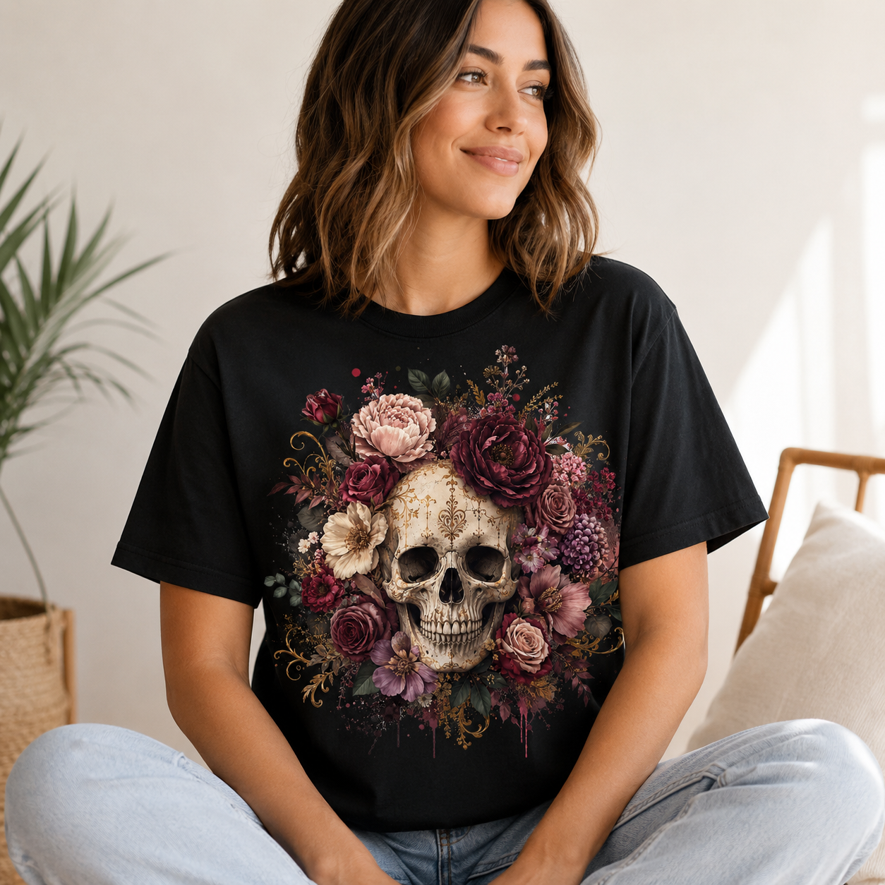 Skull Floral PNG Shirt Design | Gothic Flower Skull Print