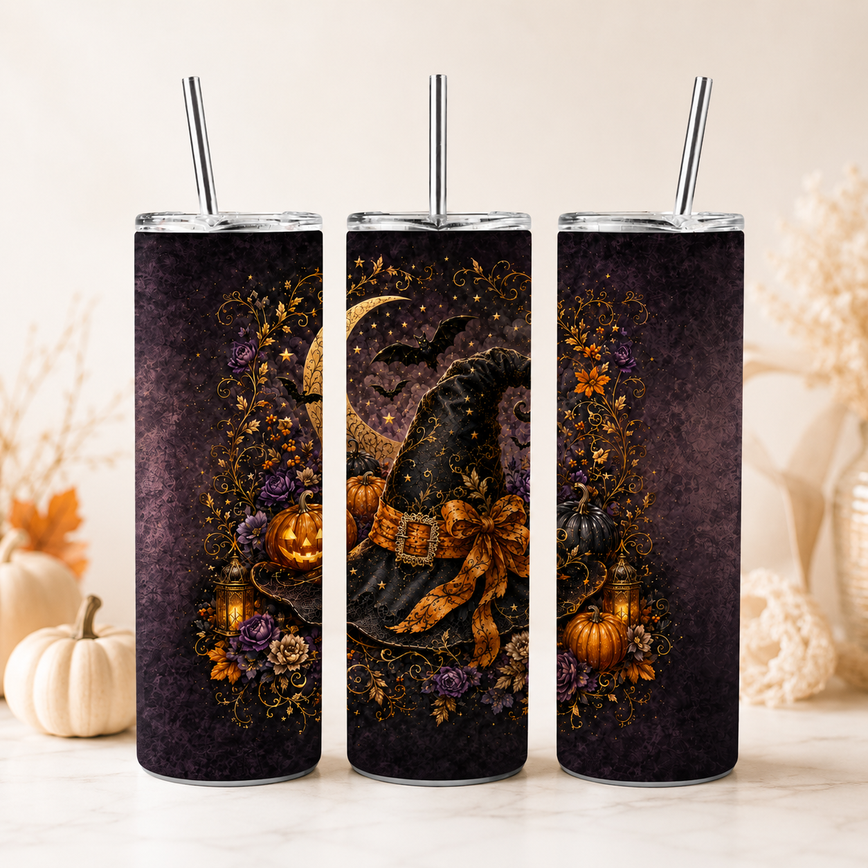 Halloween Witch Hat Tumbler Wrap PNG | 20oz Skinny Sublimation Design