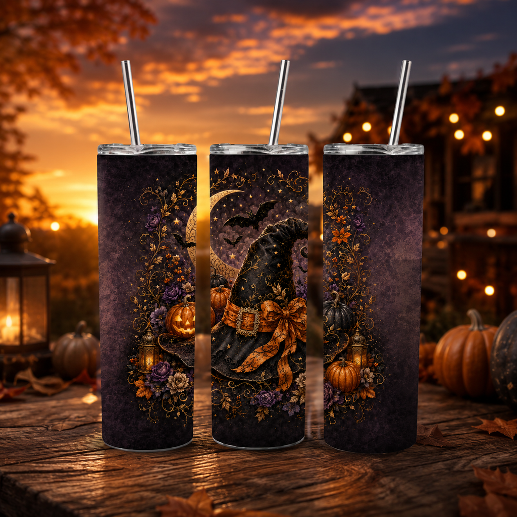 Halloween Witch Hat Tumbler Wrap PNG | 20oz Skinny Sublimation Design