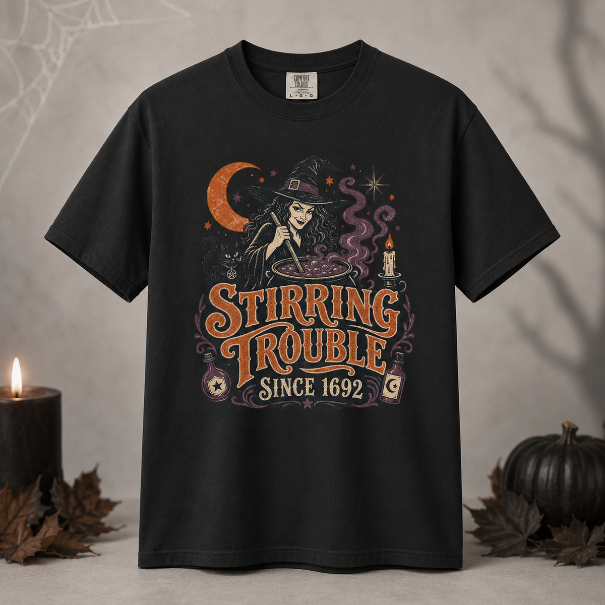 Stirring Trouble Since 1692 PNG – Vintage Witch Halloween Shirt Design – Sublimation DTF Digital Download