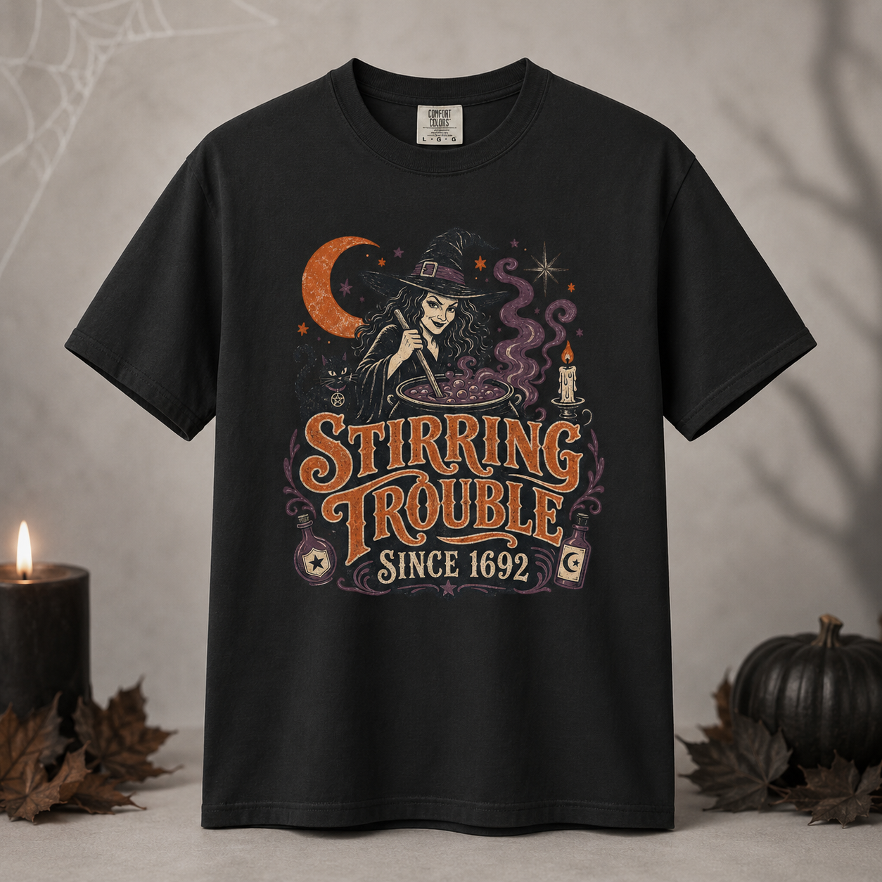 Stirring Trouble Since 1692 PNG – Vintage Witch Halloween Shirt Design – Sublimation DTF Digital Download