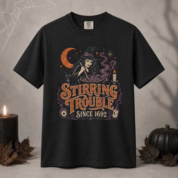 Stirring Trouble Since 1692 PNG – Vintage Witch Halloween Shirt Design – Sublimation DTF Digital Download