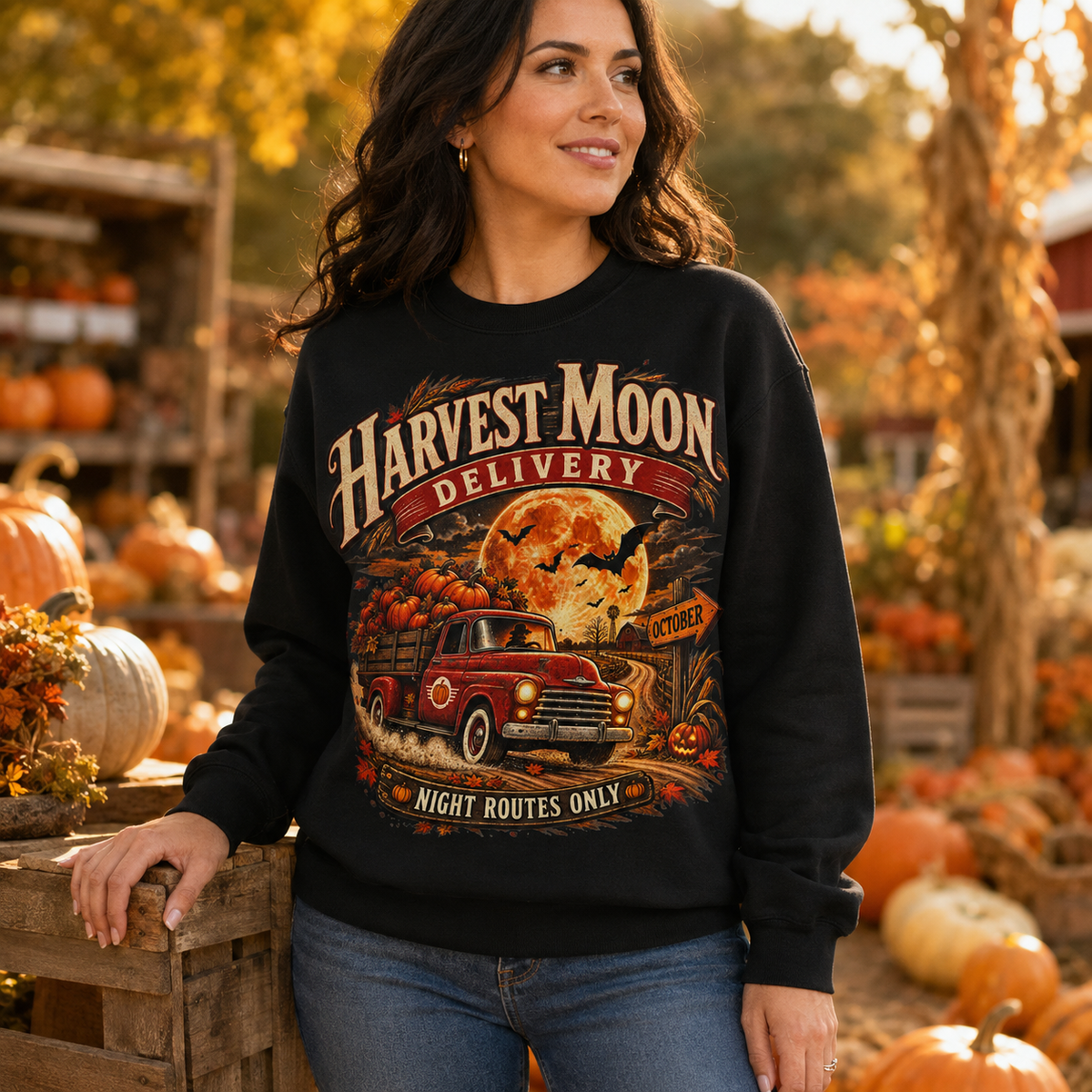 Harvest Moon Delivery PNG – Vintage Pumpkin Truck Fall Sublimation Shirt Design