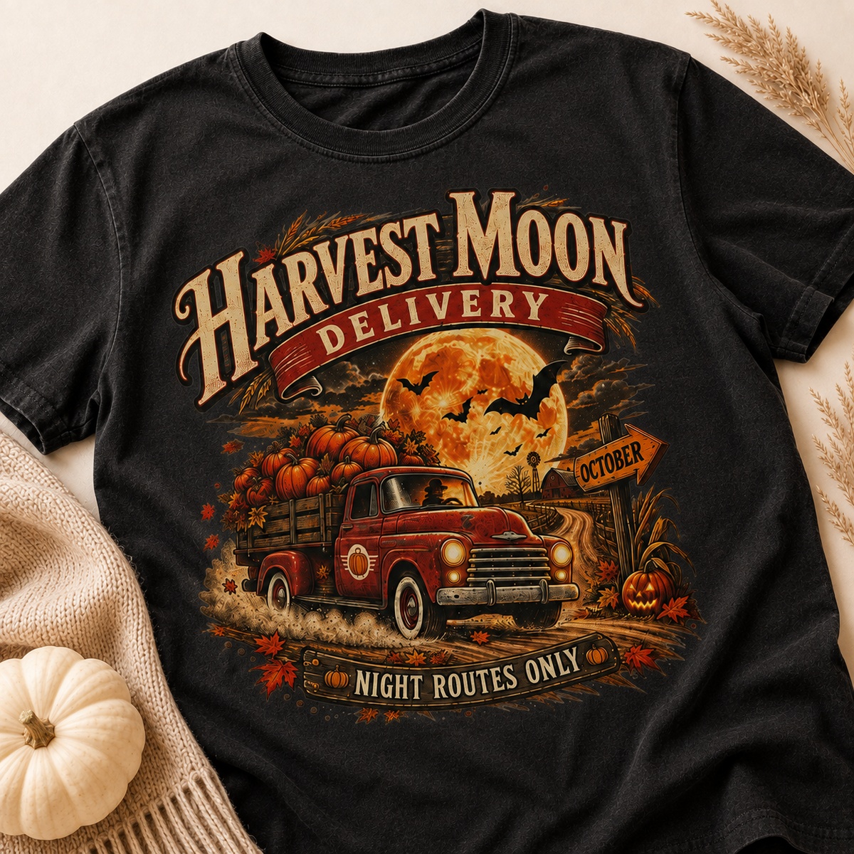 Harvest Moon Delivery PNG – Vintage Pumpkin Truck Fall Sublimation Shirt Design
