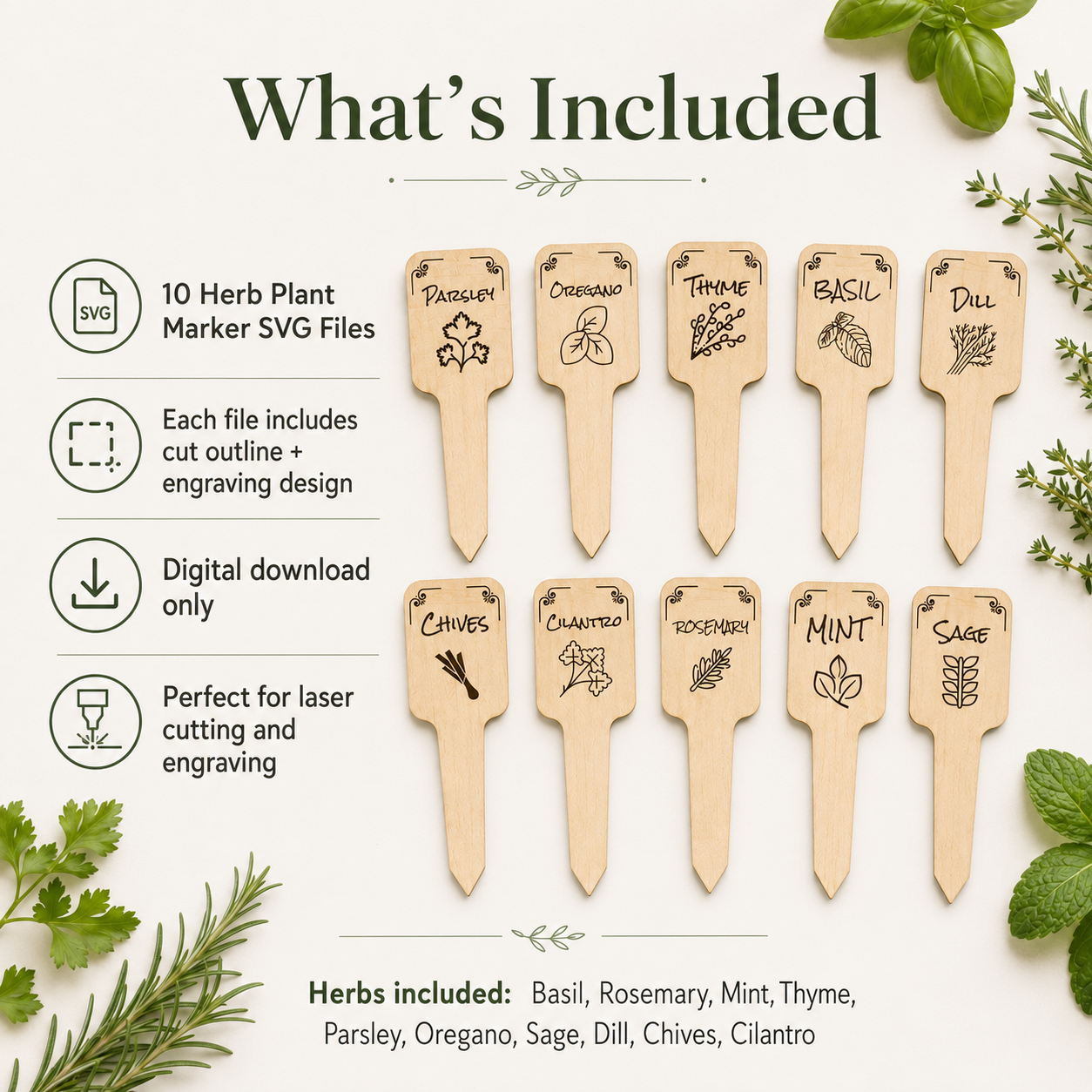Herb Plant Marker SVG Set | 10 Laser Cut Garden Label Files