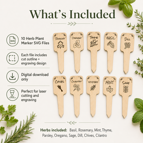 Herb Plant Marker SVG Set | 10 Laser Cut Garden Label Files