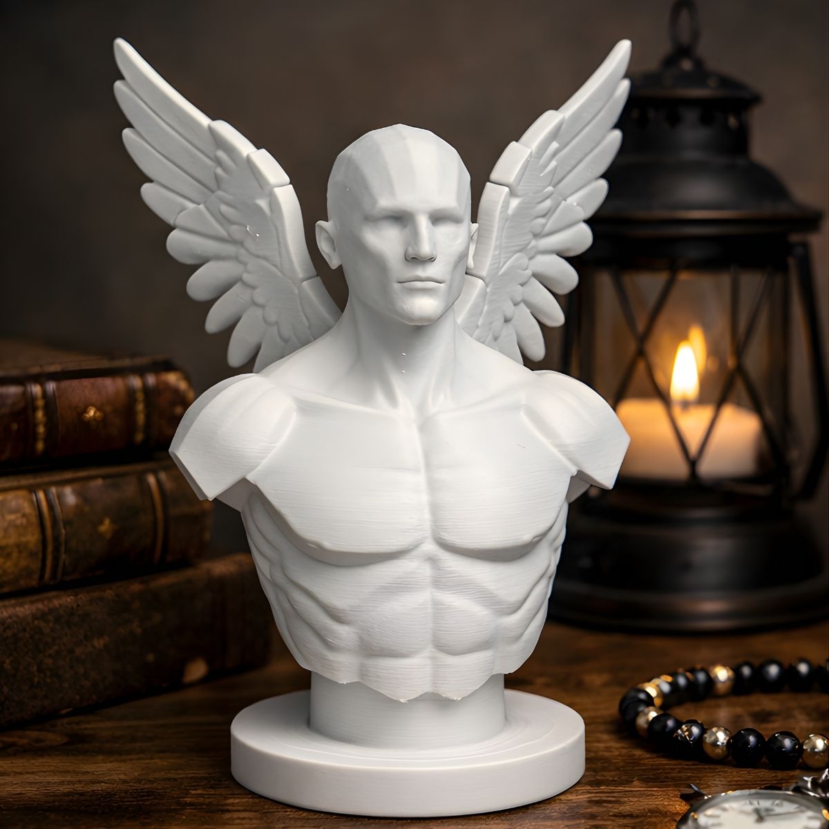 Lifestyle view of the intricate wing detail on the warm white Icarus statue