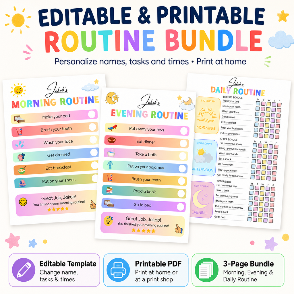 Editable Kids Routine Chart Canva Template Bundle | Morning Evening Daily Routine Printable
