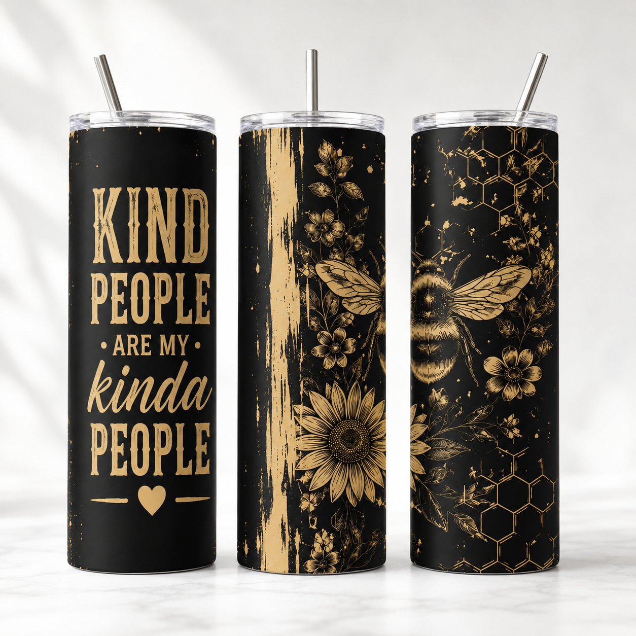 Kind People Are My Kinda People 20oz Skinny Tumbler Wrap PNG | Bee Sunflower Sublimation Design