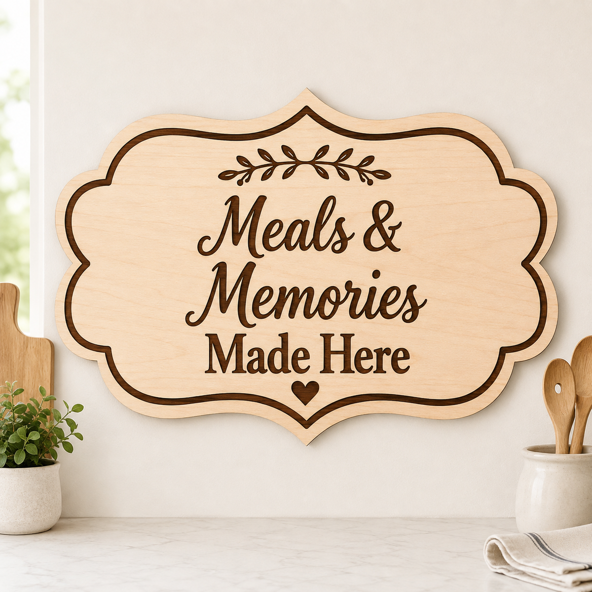 Meals & Memories Kitchen Sign SVG | Laser Cut Farmhouse Kitchen Decor Wood Sign | Engraving File for LightBurn LaserGRBL Main image
