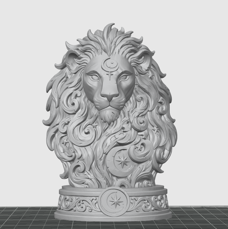 Front view of decorative lion bust model
