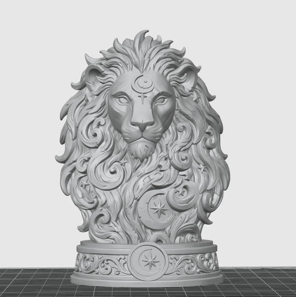 Front view of decorative lion bust model