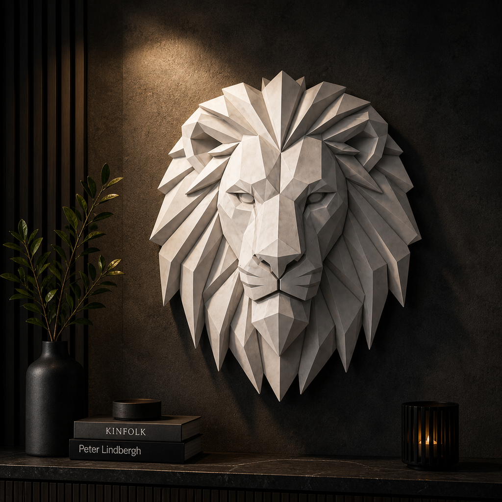 Lion Wall Art STL – Geometric 3D Wall Decor with Keyhole Mount - Low Poly Lion Head