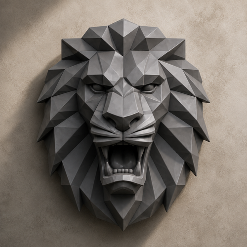 Low Poly Lion Head Wall Art STL File – Roaring Lion 3D Print Wall Sculpture