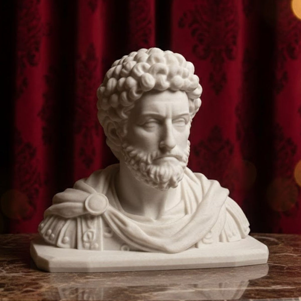 Marcus Aurelius bust 3D printed in realistic marble PLA, Stoic philosopher statue for home office.