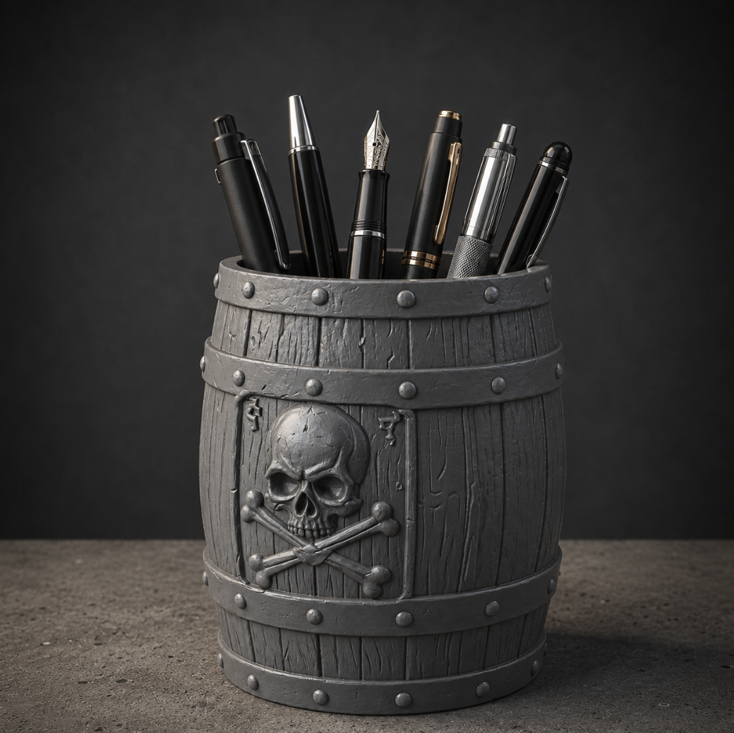 Pirate Barrel Pen Holder STL File – Skull Desk Organizer 3D Print