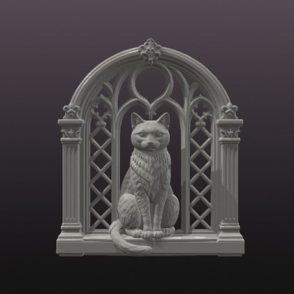 Black Cat Gothic Window STL File – Halloween Wall Decor 3D Print Model