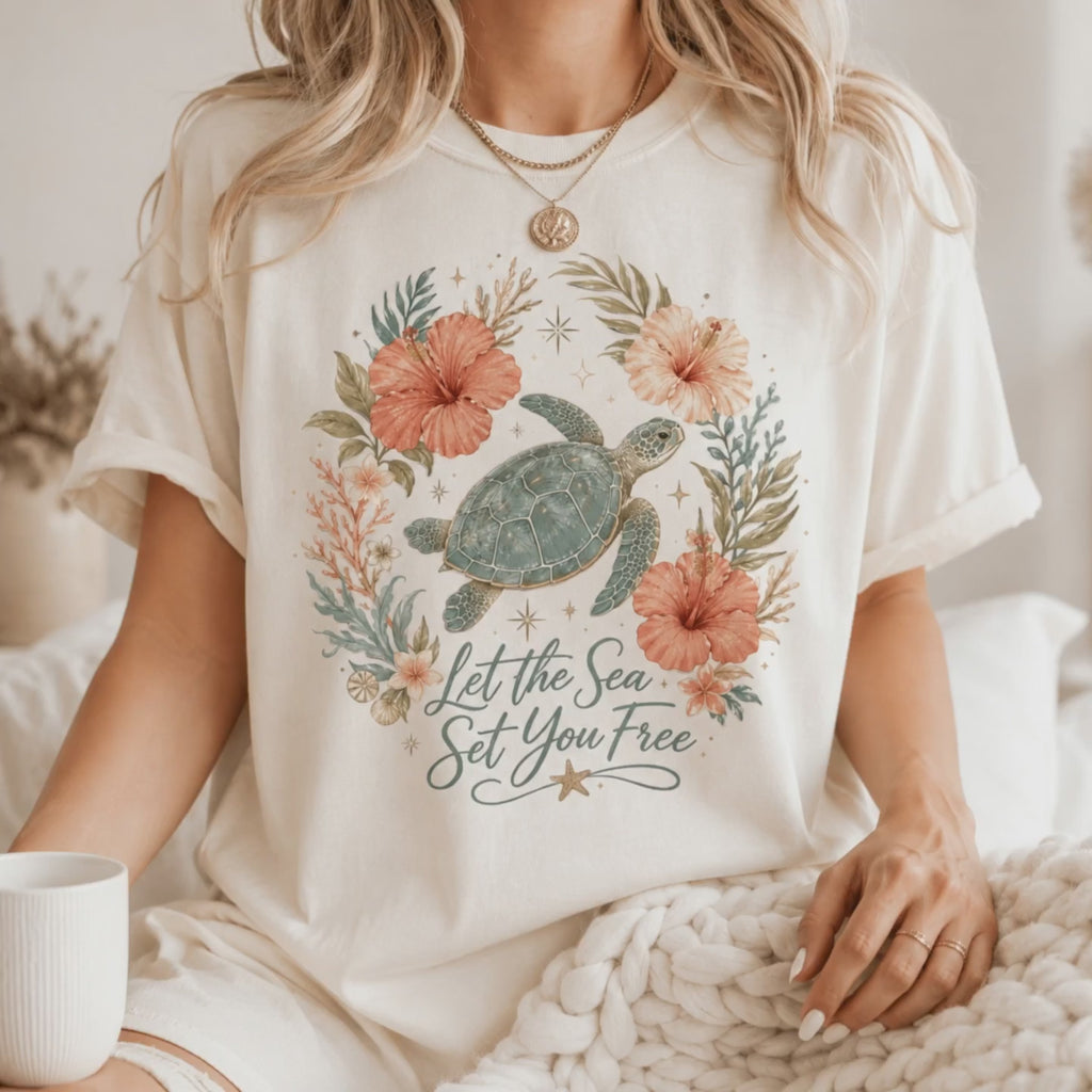 Sea Turtle Floral PNG File | Beach Shirt Sublimation Design | Coastal Ocean Turtle PNG