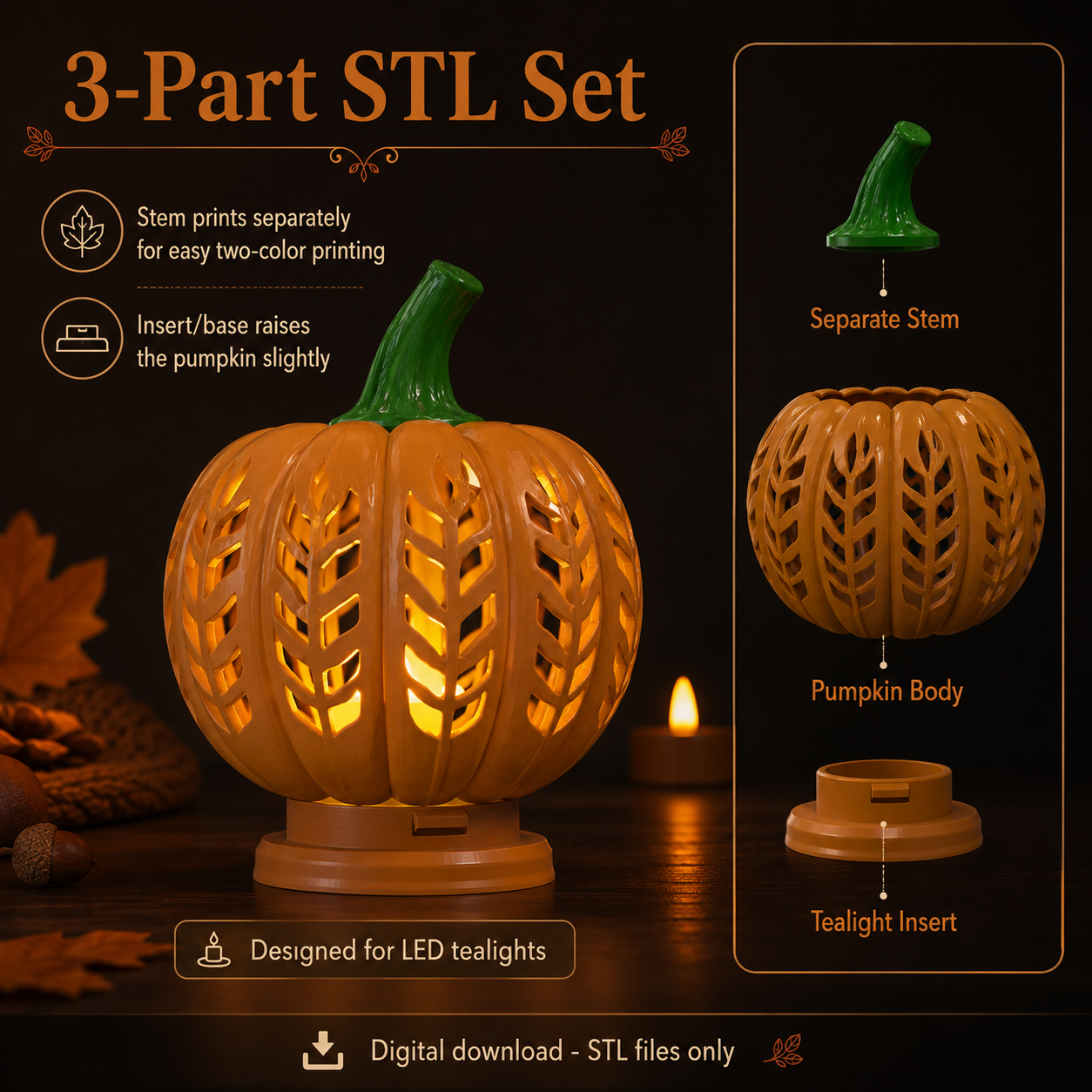 Pumpkin Tealight Holder STL | Halloween LED Candle Lantern 3D Print File