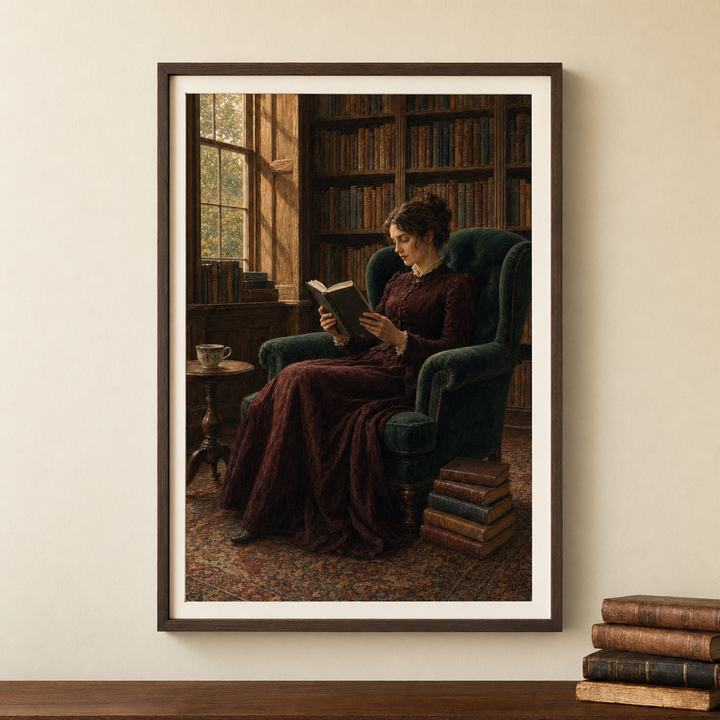 The Quiet Chapter – Dark Academia Reading Woman Printable Wall Art