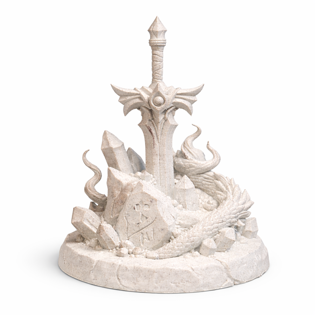 Fantasy sword relic sculpture 3D printed in marble PLA on stone base