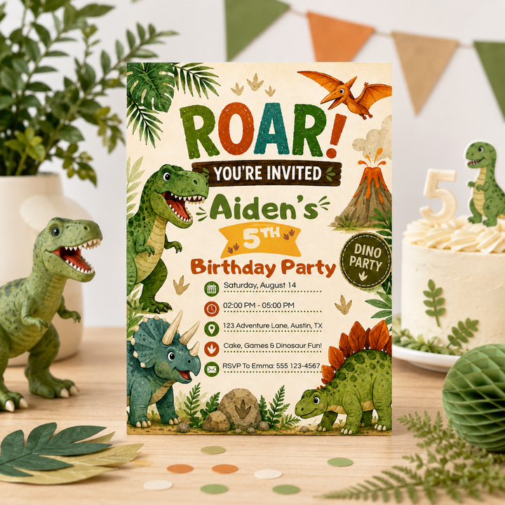 Roar Dinosaur Birthday Invitation Canva Template | Editable Kids Dino Party Invite