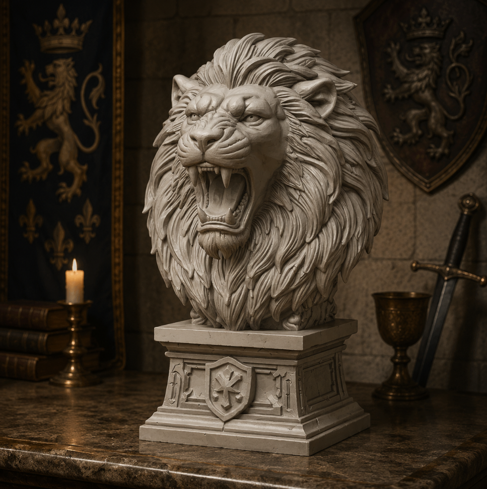Royal Lion Bust STL – Roaring Medieval Sculpture 3D Print File