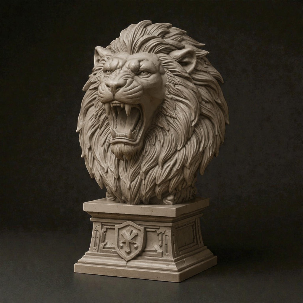 Royal Lion Bust STL – Roaring Medieval Sculpture 3D Print File