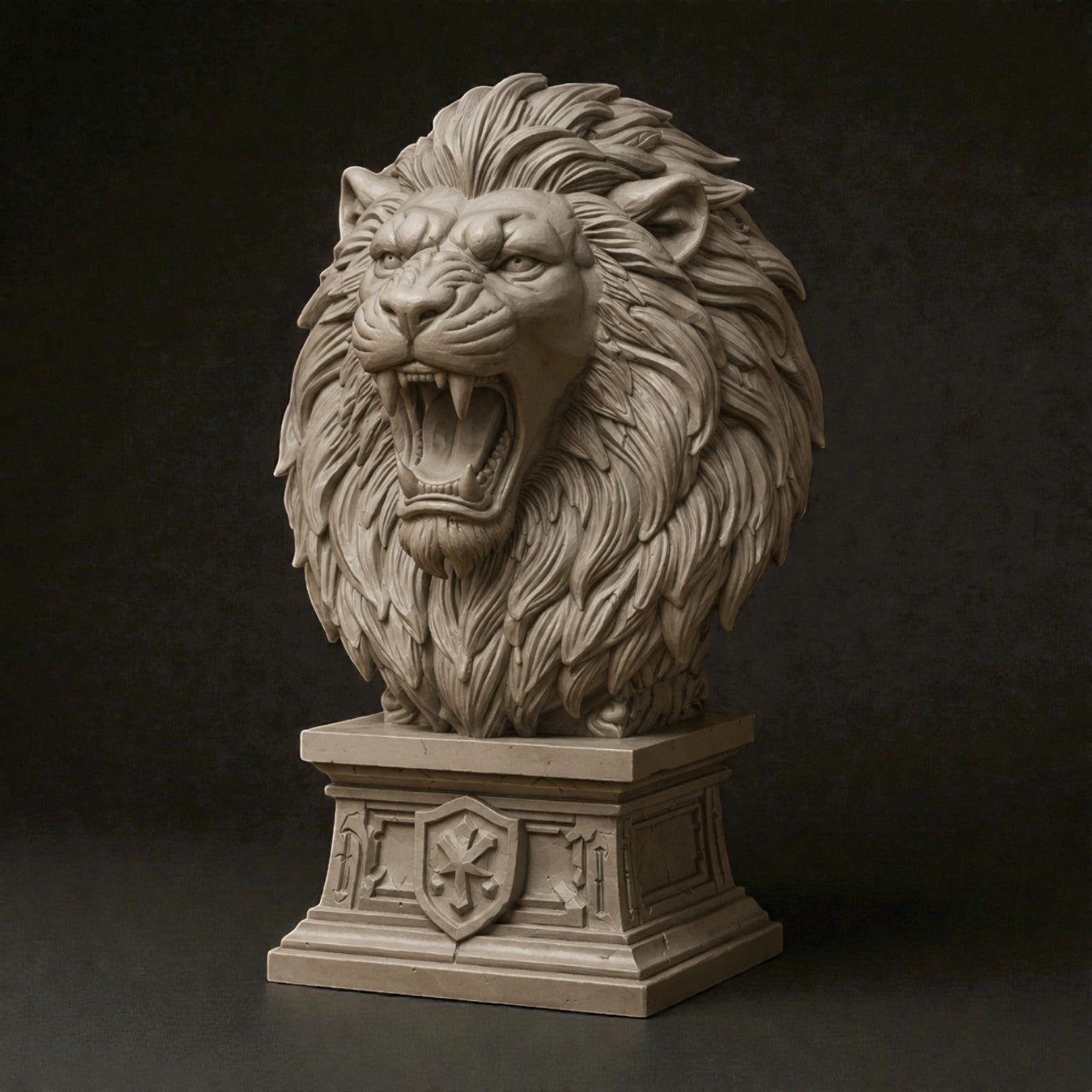 Royal Lion Bust STL – Roaring Medieval Sculpture 3D Print File