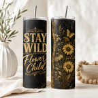 Stay Wild Flower Child 20oz Skinny Tumbler Wrap PNG | Black Gold Floral Sublimation Design