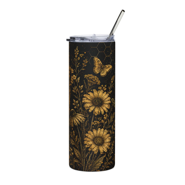 Stay Wild Flower Child 20oz Skinny Tumbler Wrap PNG | Black Gold Floral Sublimation Design