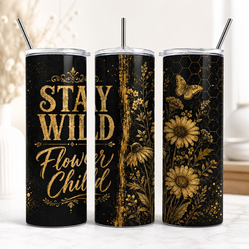 Stay Wild Flower Child 20oz Skinny Tumbler Wrap PNG | Black Gold Floral Sublimation Design