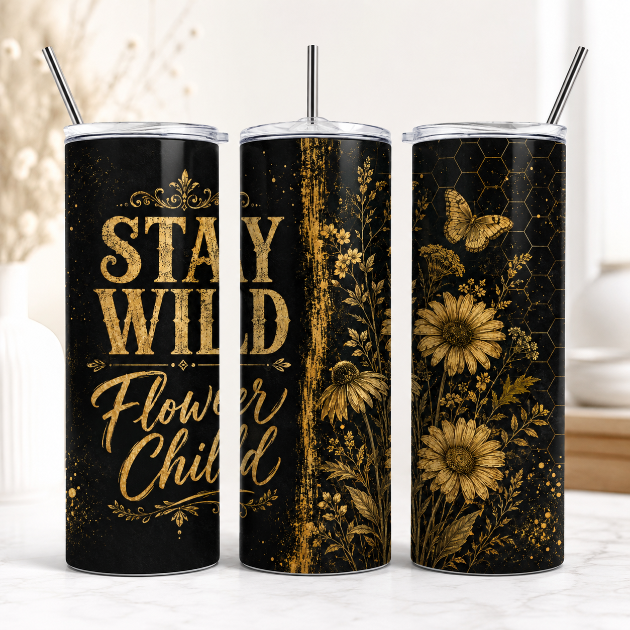 Stay Wild Flower Child 20oz Skinny Tumbler Wrap PNG | Black Gold Floral Sublimation Design