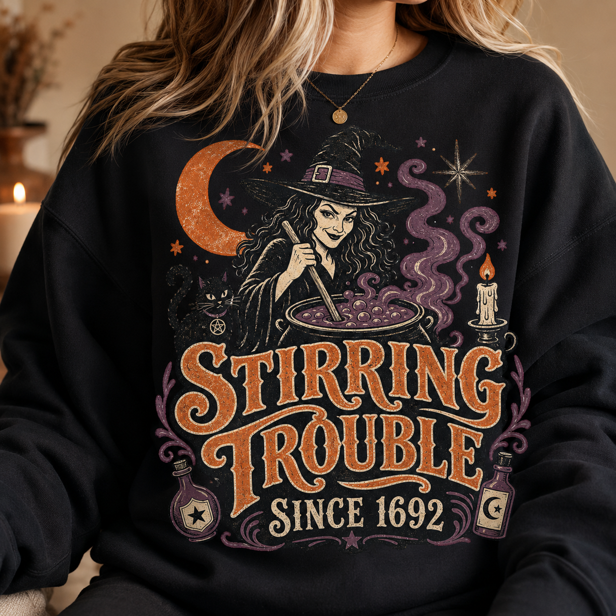 Stirring Trouble Since 1692 vintage Halloween witch PNG sublimation design transparent background