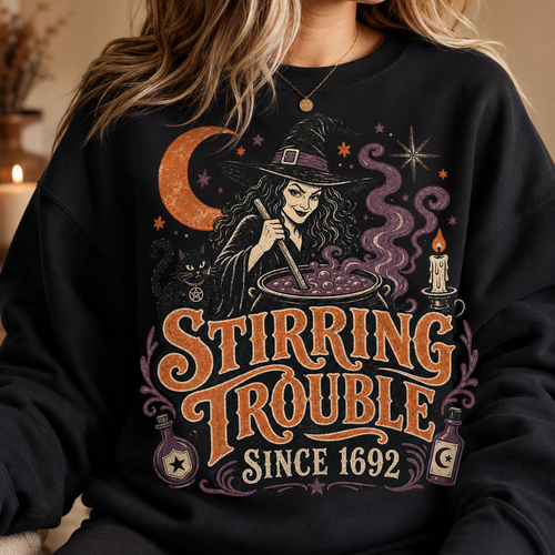 Stirring Trouble Since 1692 vintage Halloween witch PNG sublimation design transparent background